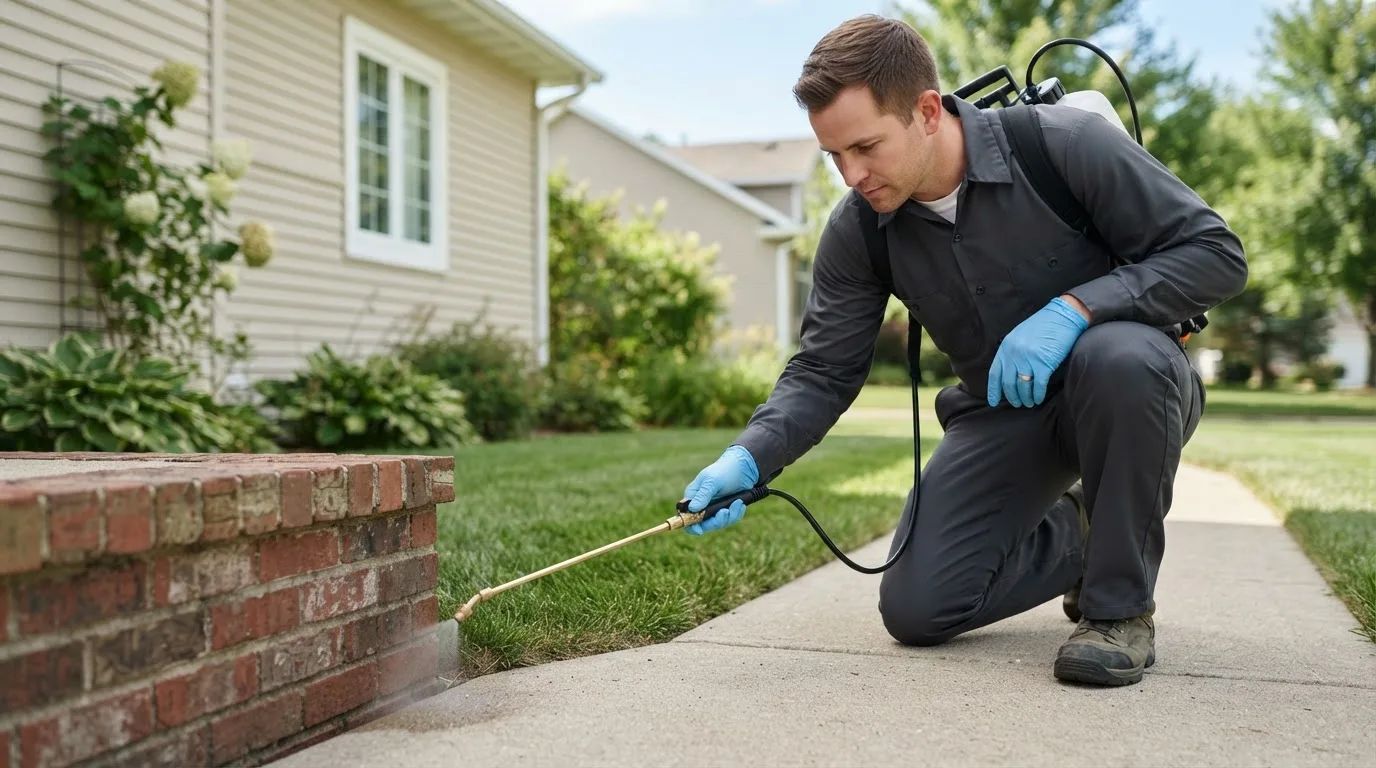 Pest control technician treating a home near South Deerfield, MA