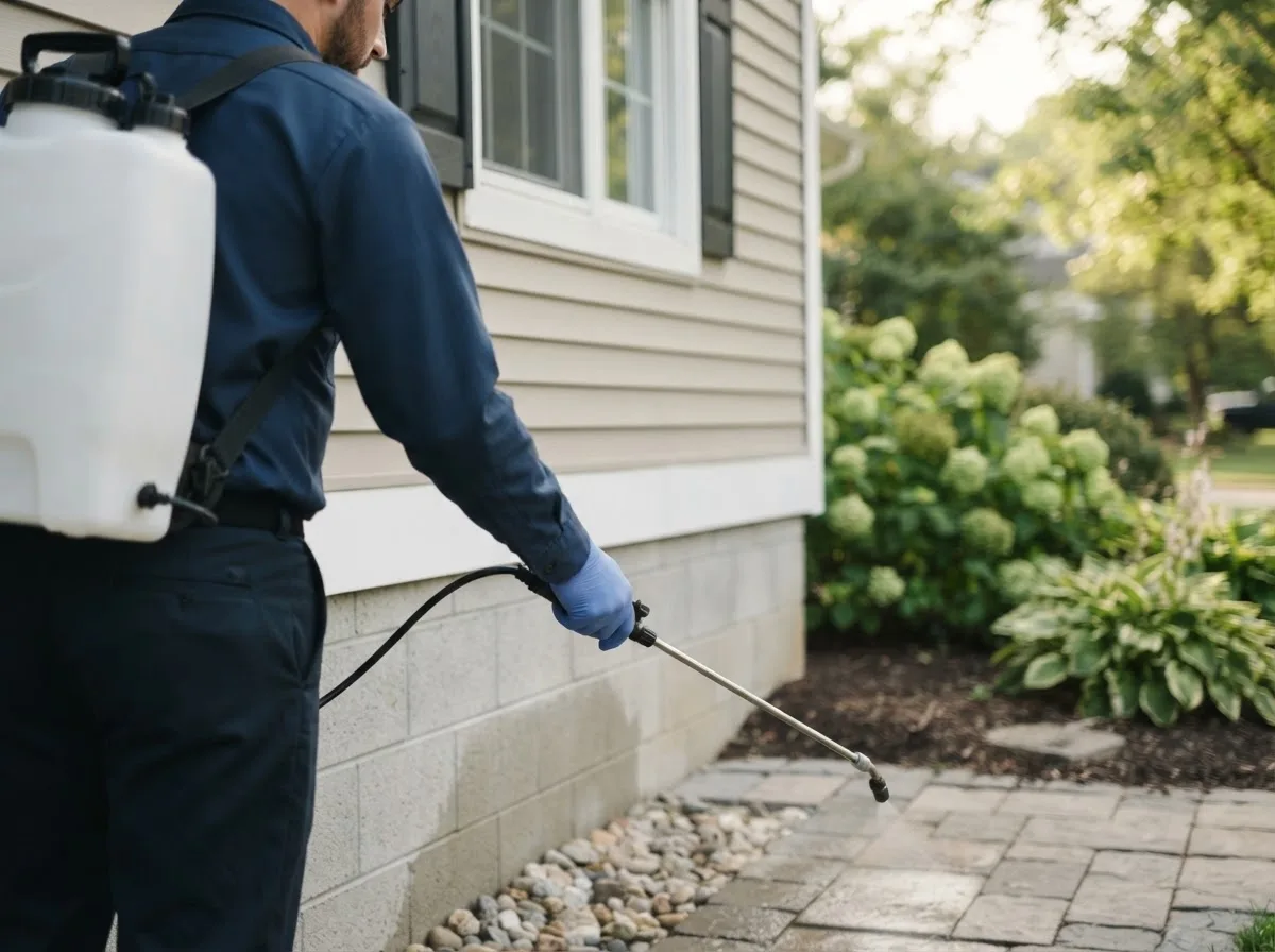 Pest control technician inspecting a home in South Deerfield, MA